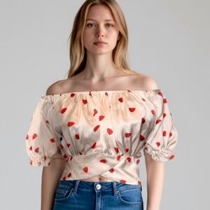 Kaside Strawberry Print Off-Shoulder Satin Crop Top Size Large